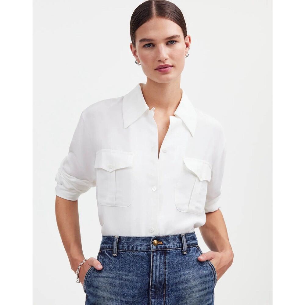 Alexa Chung for Madewell‎ Pleat-Pocket Button-Up Shirt Small Eyelet White NT108